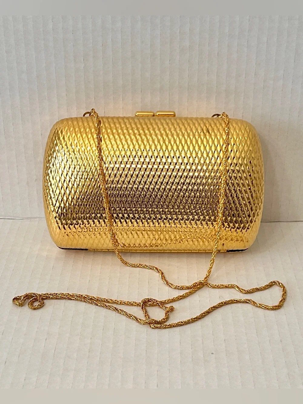 Sondra Roberts Gold Metallic Minaudiere Clutch Evening Bag Chain Strap